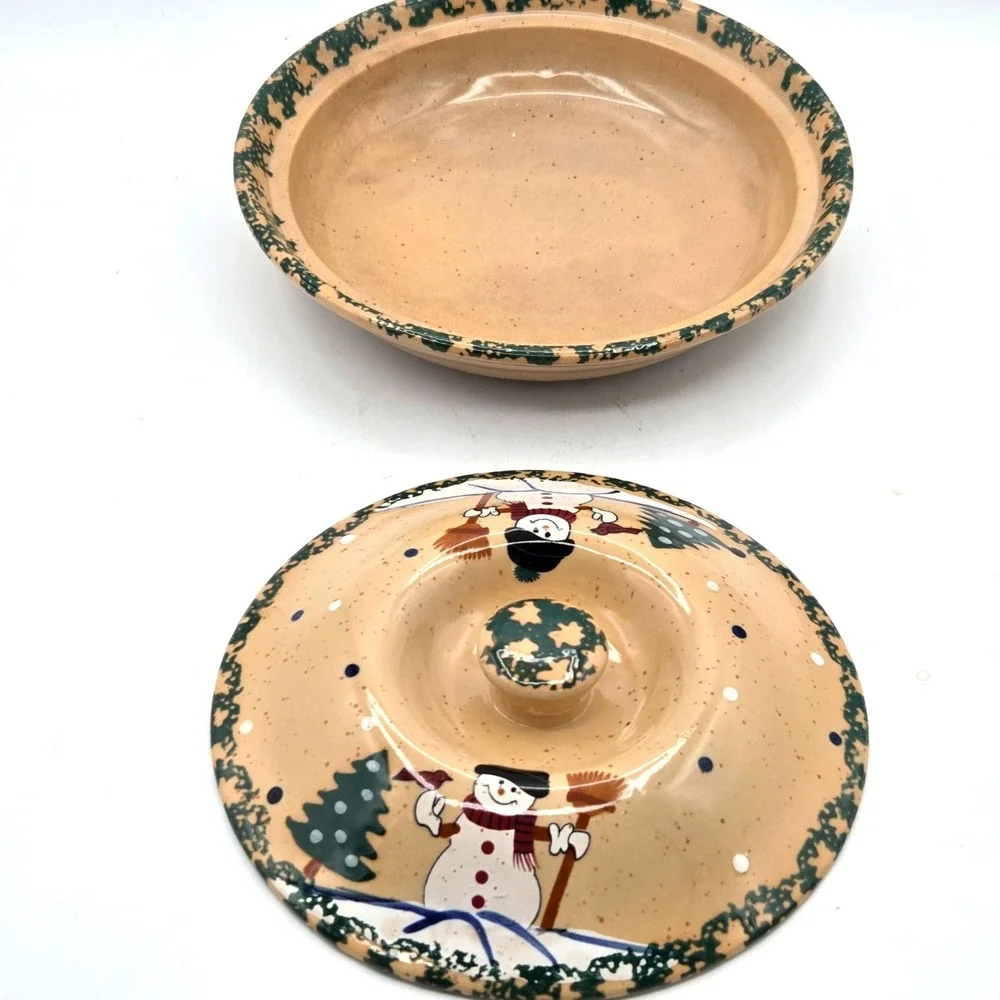 Snowman Pie Dish Plate with Lid  LTD Cmmodities 2c Piece Stoneware